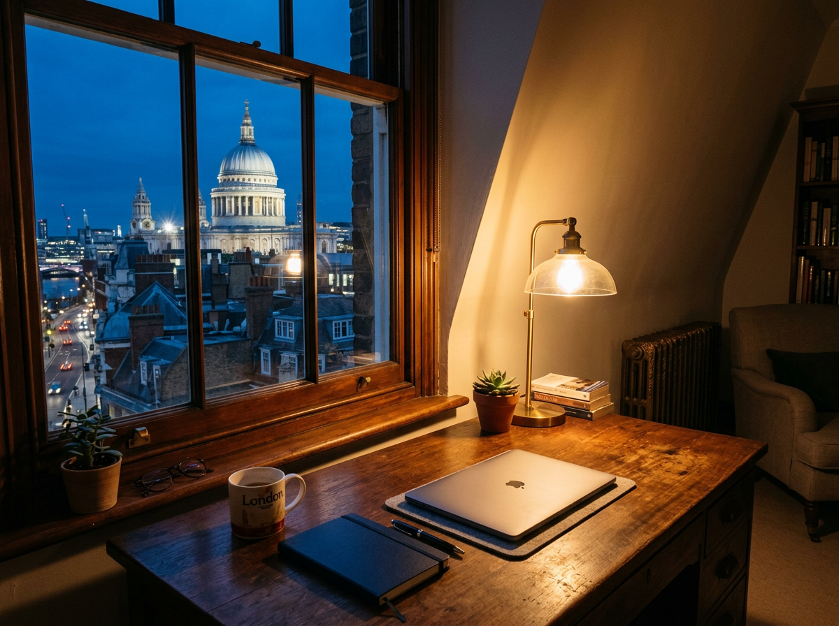 A desk by a window overlooking London rooftops and St Paul's Cathedral at dusk