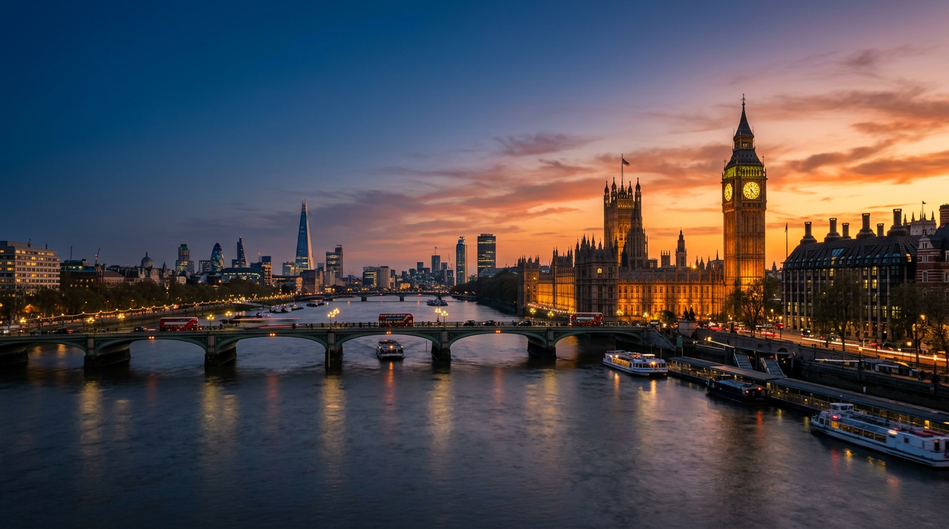 The Palace of Westminster, Elizabeth Tower and Westminster Bridge over the River Thames under a glowing amber sunset