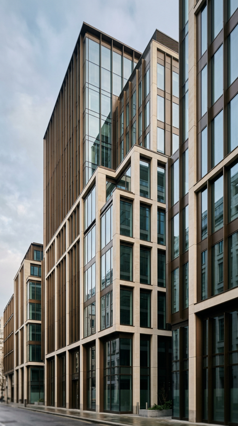 Contemporary London architecture against a pale sky