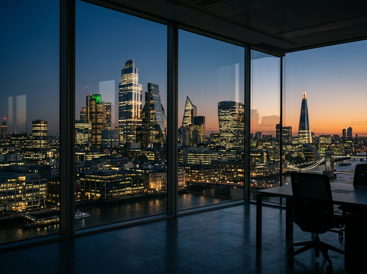 The City of London skyline at dusk, seen from a high-rise office